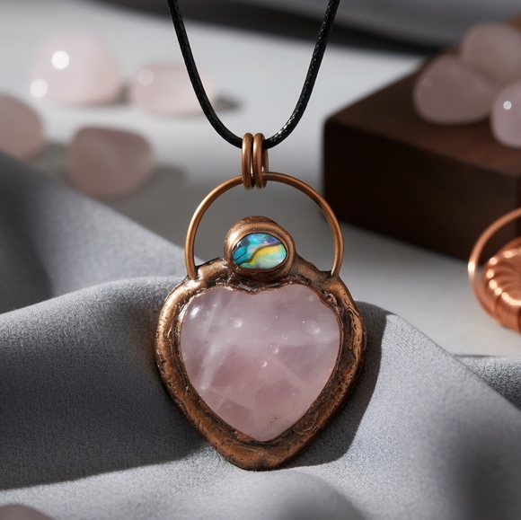 🆕️Vintage Heart Pendant Necklace with Rose Quartz & Abalone Shell on PU Leather - Picture 1 of 15